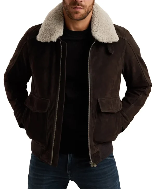 Mens Brown Suede Leather Bomber Jacket With Shearling Collar Main