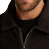 Mens Brown Suede Leather Bomber Jacket With Shearling Collar Zipper