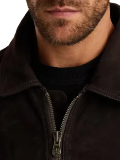 Mens Brown Suede Leather Bomber Jacket With Shearling Collar Zipper