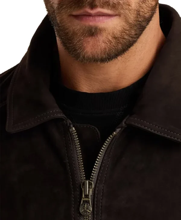 Mens Brown Suede Leather Bomber Jacket With Shearling Collar Zipper