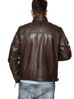 Mens Patched Leather Cafe Racer Biker Jacket Brown Back