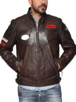 Mens Patched Leather Cafe Racer Biker Jacket Brown Main