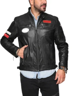 Mens Patched Leather Cafe Racer Biker Jacket Main