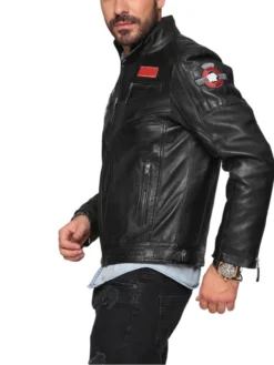 Mens Patched Leather Cafe Racer Biker Jacket Side
