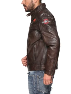 Mens Patched Leather Cafe Racer Biker Jacket Side Style