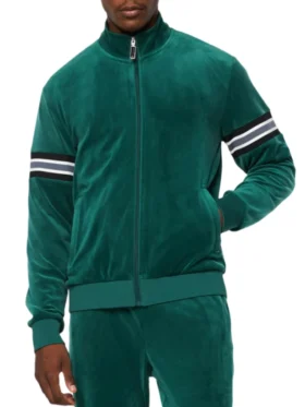 Mens Polyester Green Striped Bomber Jacket Front