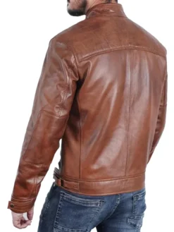 Mens Quilted Shoulders Brown Cafe Racer Leather Jacket Back