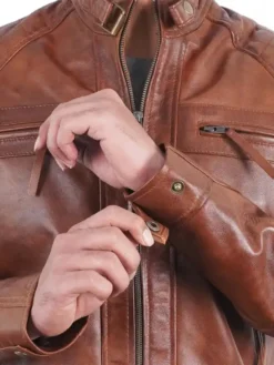 Mens Quilted Shoulders Brown Cafe Racer Leather Jacket Cuffs