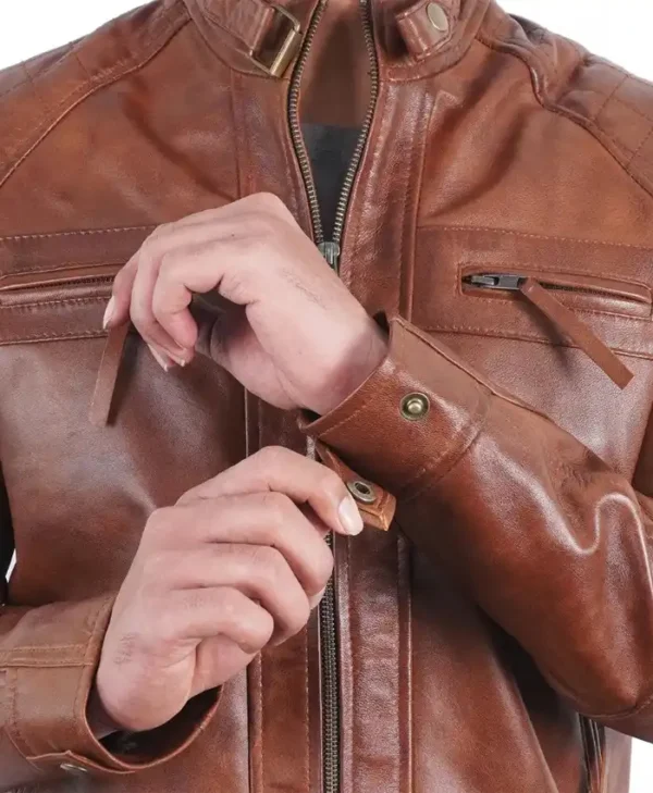 Mens Quilted Shoulders Brown Cafe Racer Leather Jacket Cuffs