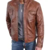 Mens Quilted Shoulders Brown Cafe Racer Leather Jacket Main
