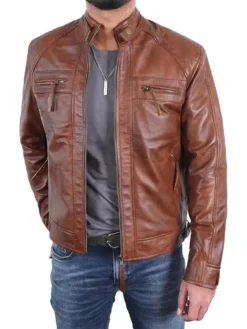 Mens Quilted Shoulders Brown Cafe Racer Leather Jacket Main