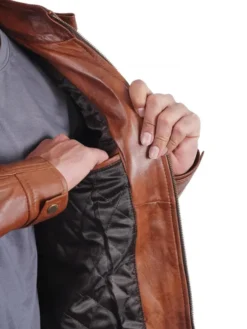 Mens Quilted Shoulders Brown Cafe Racer Leather Jacket Pocket