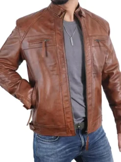 Mens Quilted Shoulders Brown Cafe Racer Leather Jacket Pockets
