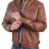 Mens Quilted Shoulders Brown Cafe Racer Leather Jacket Zipper