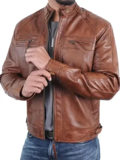 Mens Quilted Shoulders Brown Cafe Racer Leather Jacket Zipper