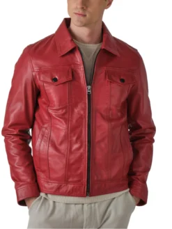 Mens Red Thriller Trucker Leather Jacket Best
