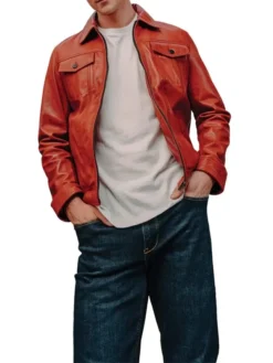 Mens Red Thriller Trucker Leather Jacket Collar