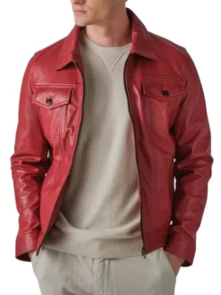 Mens Red Thriller Trucker Leather Jacket Inner