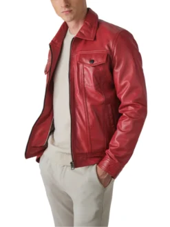 Mens Red Thriller Trucker Leather Jacket Side