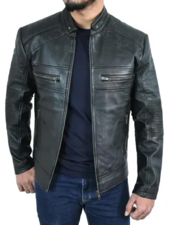 Mens Trendy Black Cafe Racer Leather Jacket Main