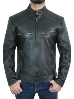 Mens Trendy Black Cafe Racer Leather Jacket Zipper