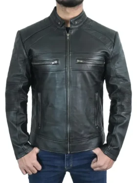 Men's Trendy Black Cafe Racer Leather Jacket Zipper