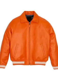 Orange Faux Leather Bomber Jacket