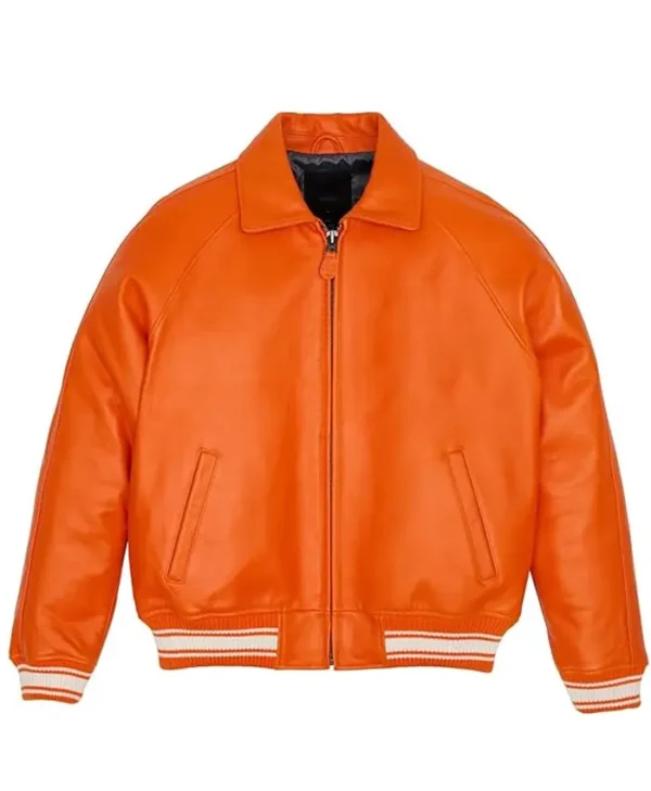 Orange Faux Leather Bomber Jacket