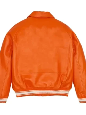 Orange Faux Leather Bomber Jacket Back