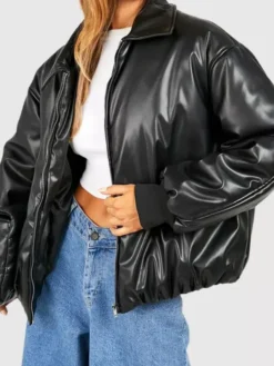 Padded Faux Leather Bomber Jacket
