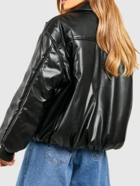 Padded Faux Leather Bomber Jacket Back