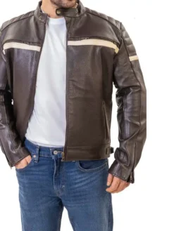 Padded Shoulder Brown Cafe Racer Leather Jacket Side