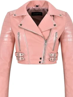Pink Cropped Leather Jacket