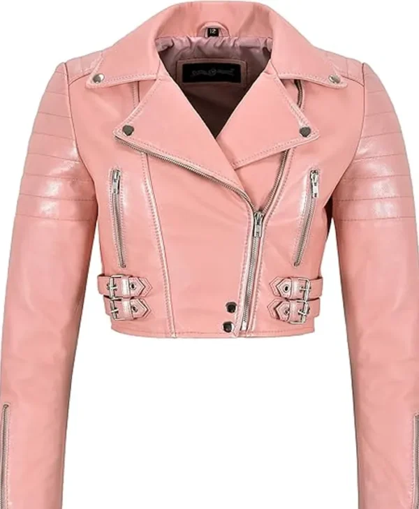 Pink Cropped Leather Jacket
