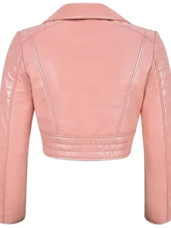 Pink Cropped Leather Jacket Back