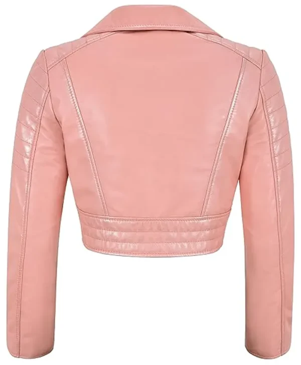 Pink Cropped Leather Jacket Back