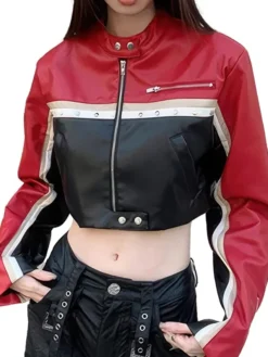 Red And Black Cropped Leather Jacket