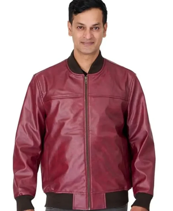 Red Faux Leather Bomber Jacket