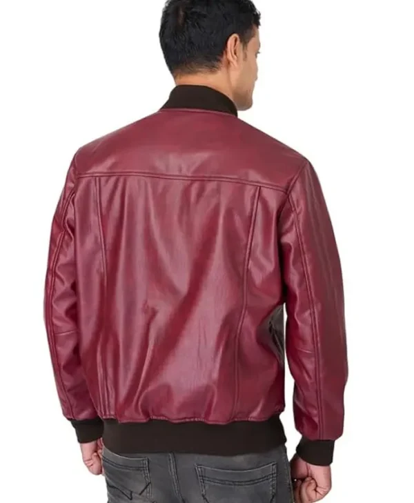 Red Faux Leather Bomber Jacket Back
