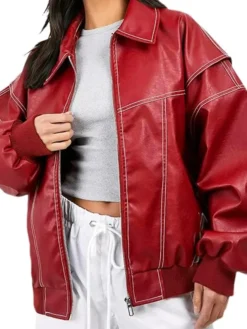 Red Leather Jacket Women Oversized