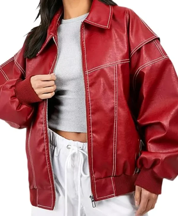Red Leather Jacket Women Oversized