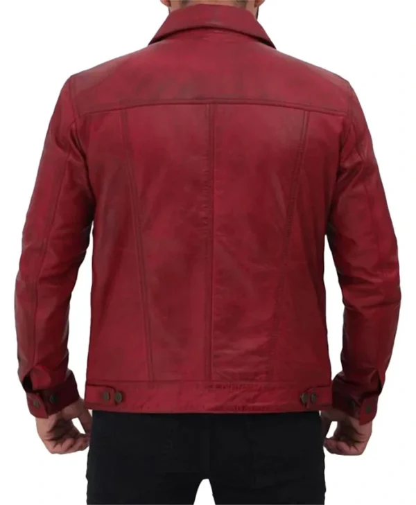 Simple Red Leather Trucker Jacket For Mens Back
