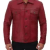 Simple Red Leather Trucker Jacket For Mens Buttoned