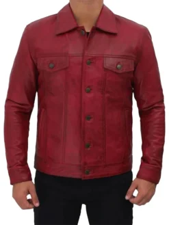 Simple Red Leather Trucker Jacket For Mens Buttoned