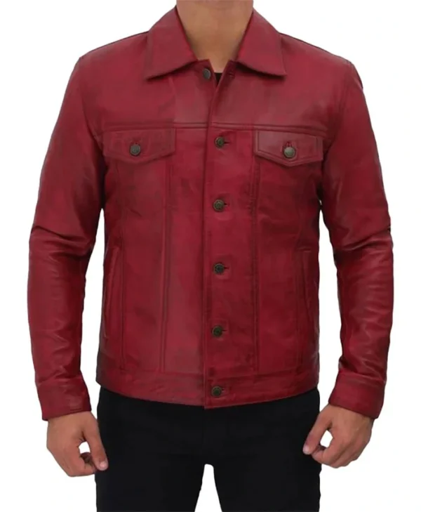 Simple Red Leather Trucker Jacket For Mens Buttoned
