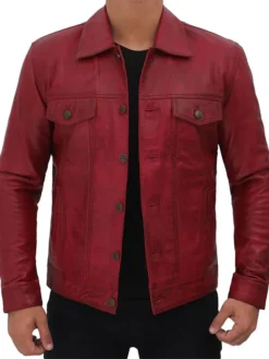 Simple Red Leather Trucker Jacket For Mens Main
