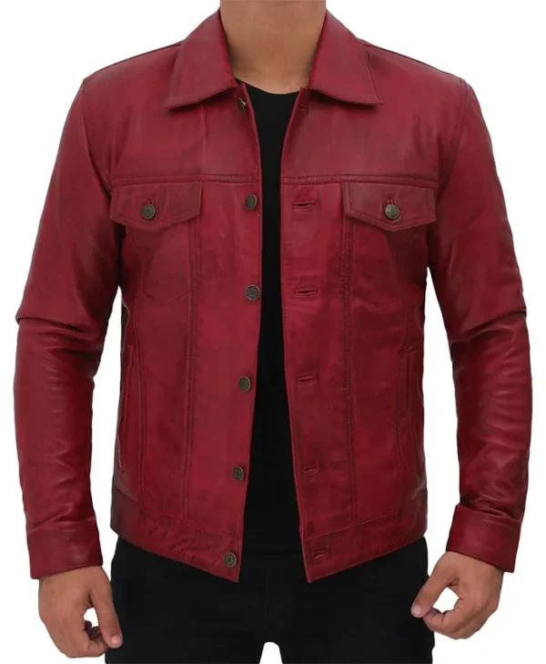 Simple Red Leather Trucker Jacket For Mens Main