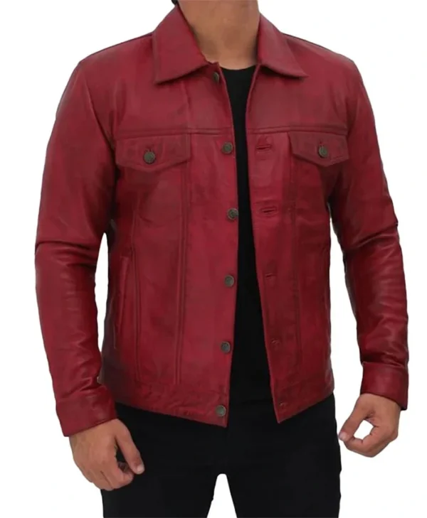 Simple Red Leather Trucker Jacket For Mens Side