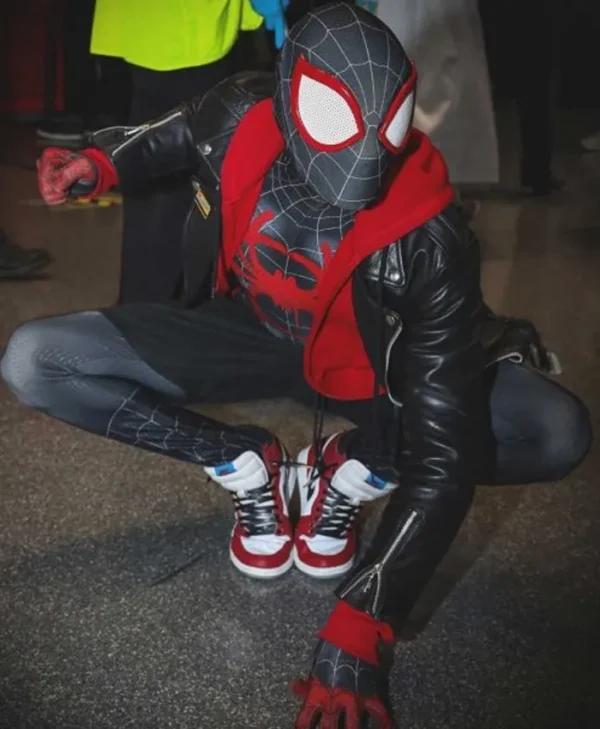 Spiderman Black Miles Morales Black Biker Jacket Sitting