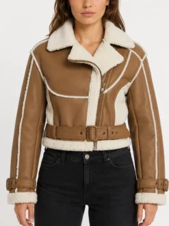 Tan Leather Sherpa Jacket